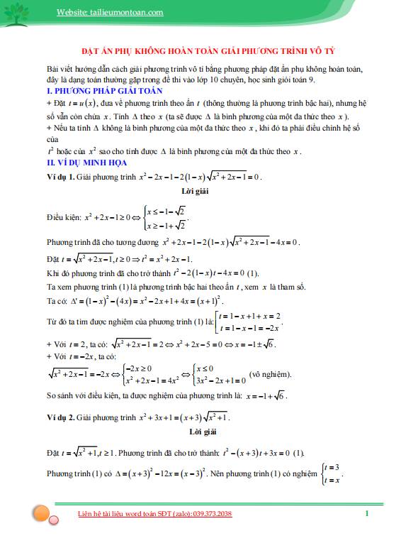 Giải phương trình vô tỷ bằng cách đặt ẩn phụ không hoàn toàn